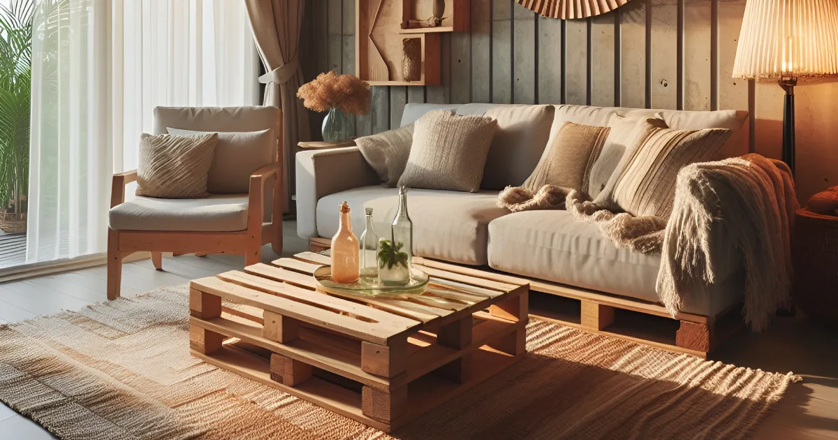 Sala com móveis de pallet de madeira, sofá de pallet e mesa de centro feita com pallets.