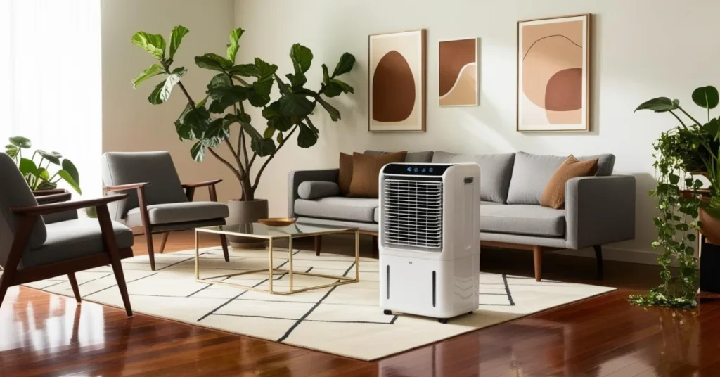 Climatizador de ar em uma sala de estar moderna de estilo minimalista, com móveis confortáveis e plantas de interior.