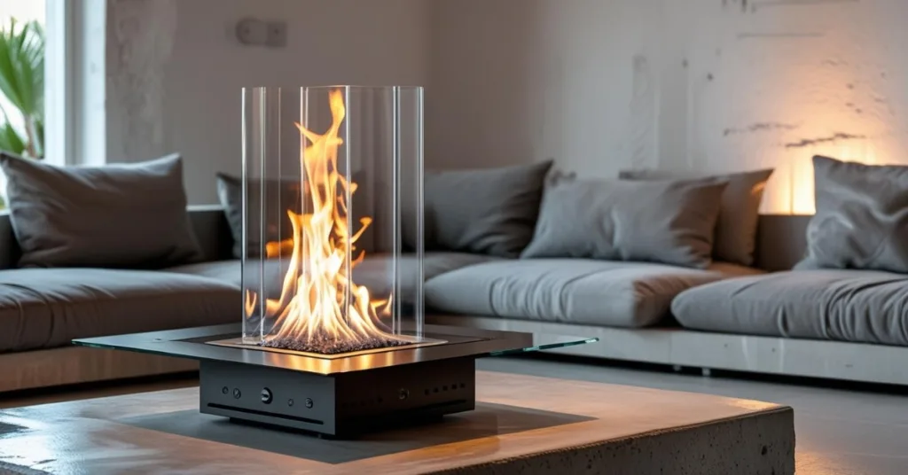 Uma lareira ecológica a álcool acesa sobre uma mesa de centro de uma sala confortável.