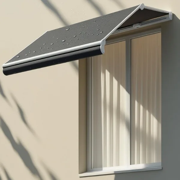 Toldo retrátil para janela de apartamento, modelo abre e fecha em tecido cinza instalado em quarto moderno.