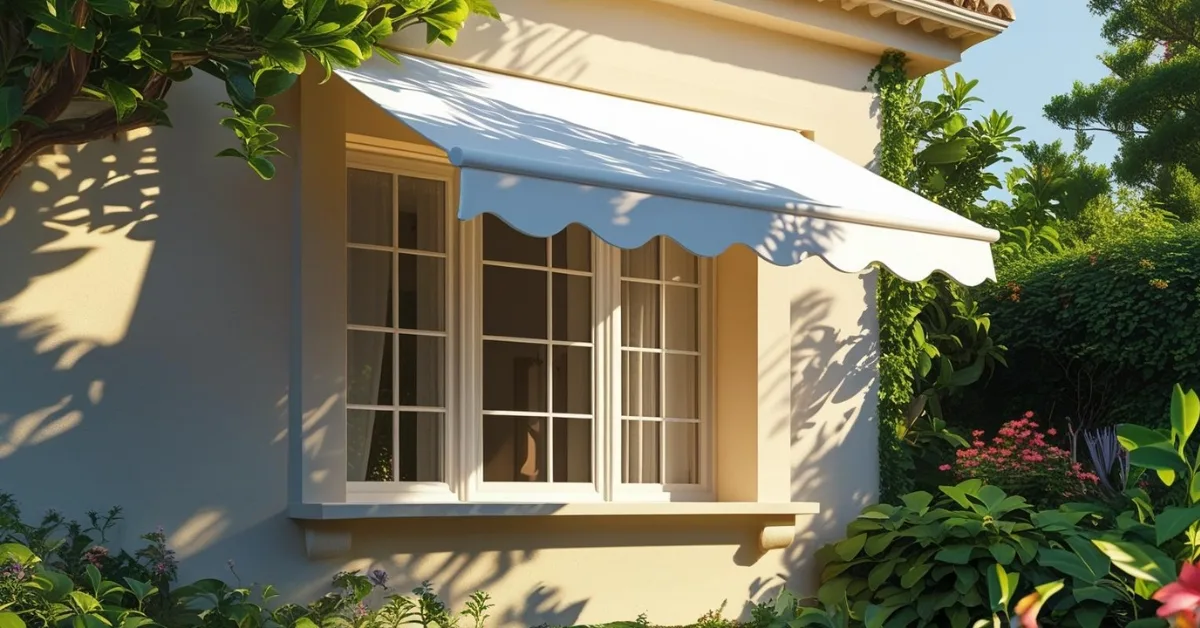 Toldo branco para janela de casa instalado em fachada residencial bem iluminada em meio a um jardim florido.