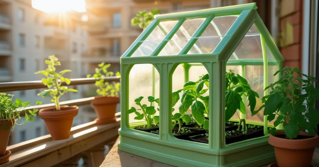 Mini estufa para horta orgânica com hortaliças em varanda de apartamento
