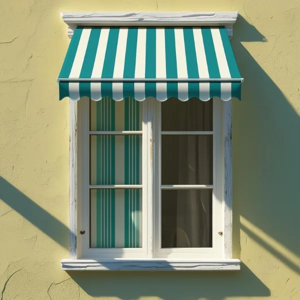 Toldo para janela de madeira listrado verde e branco, modelo de toldo para botar em janela instalado em fachada rústica.
