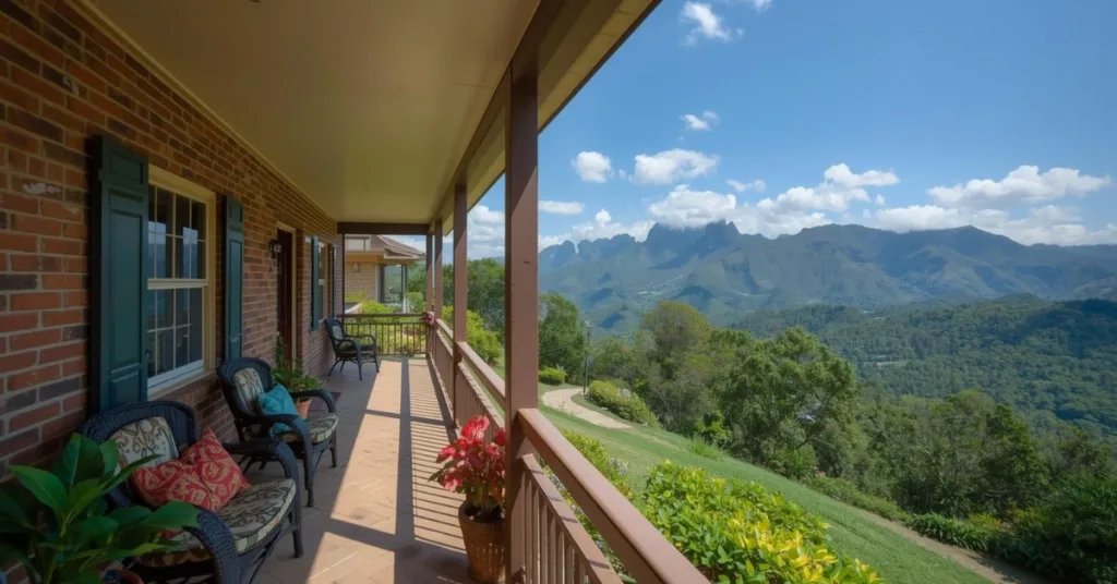 Foto de casa com varanda na frente, com vista panorâmica deslumbrante, integrando a varanda com o ambiente.