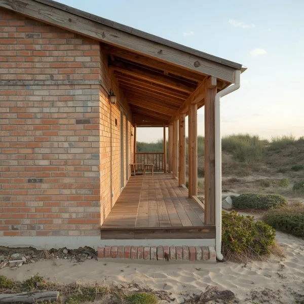 Casa simples e bonita com varanda em uma praia, mostrando como a varanda de casa proporciona um espaço extra na frente da casa de onde se pode apreciar a natureza.