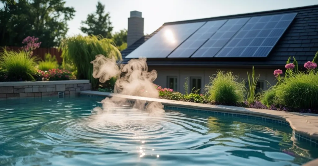 Piscina aquecida com vapor visível em área residencial com painéis solares para aquecimento no telhado, destacando o uso de aquecimento solar para piscina.