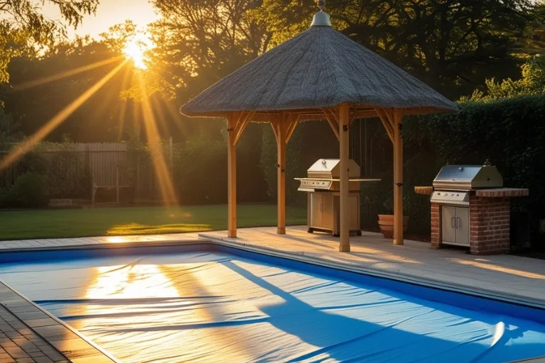 Uma piscina aquecida por aquecedor solar para piscinas com uma capa térmica para piscinas com aquecimento.
