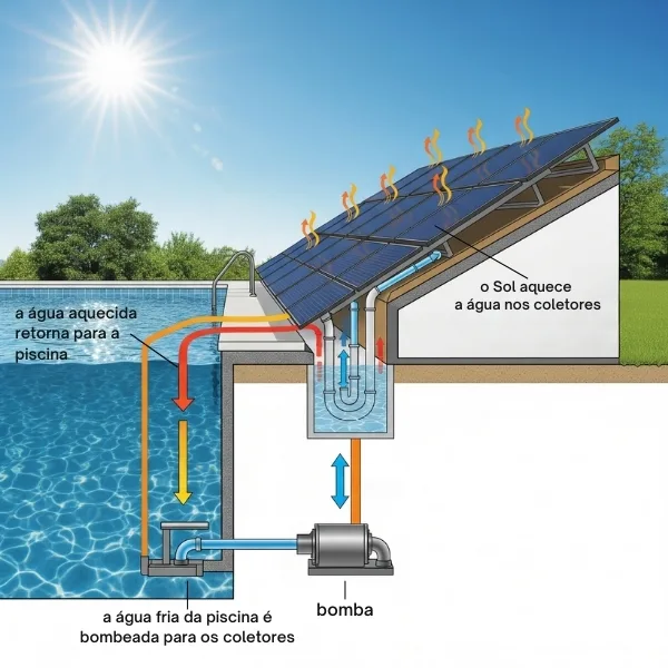Diagrama detalhado do funcionamento de um aquecedor solar para piscina, mostrando o fluxo da água da piscina fria para as placas coletoras e o retorno da água aquecida.