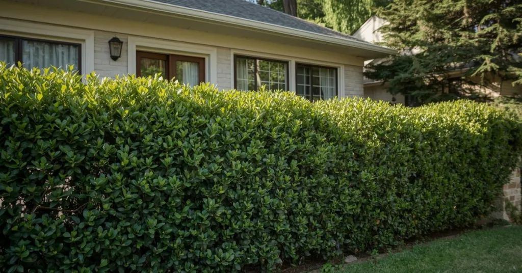 Casa com muro de cerca viva verde exuberante, proporcionando privacidade e beleza natural à área externa.