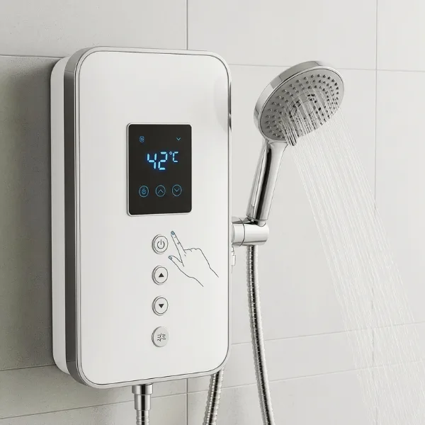 Ducha eletrônica moderna para banheiro, funcionando como chuveiro para usar com aquecedor solar, equipada com controle digital de temperatura e chuveirinho.