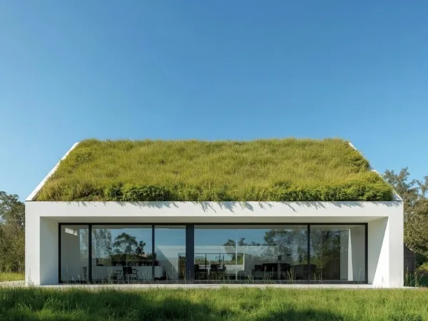 Casa de design minimalista com teto telhado verde grama,demonstrando as vantagens da bioconstrução telhado verde.