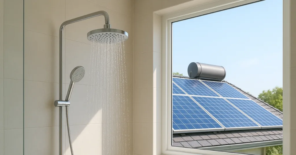 Chuveiro moderno com aquecedor solar de água para banheiro, mostrando placa solar e boiler no telhado.