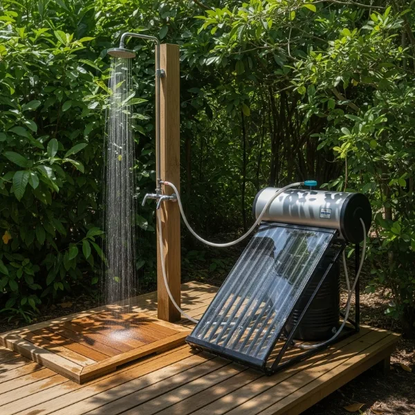 Chuveiro no quintal com aquecedor solar para chuveiro completo, mostrando a instalação de aquecedor solar para chuveiro com placa coletora e boiler, um exemplo de aquecedor solar simples para chuveiro.