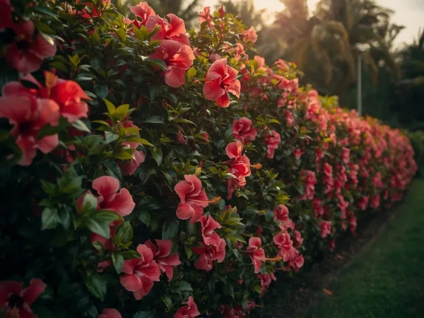 Muro de cerca viva hibisco vermelho com flores vibrantes formando uma cerca viva florida no jardim.