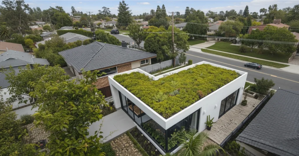Casa térrea moderna com telhado verde sustentável, mostrando os benefícios de como fazer um telhado verde em casa.