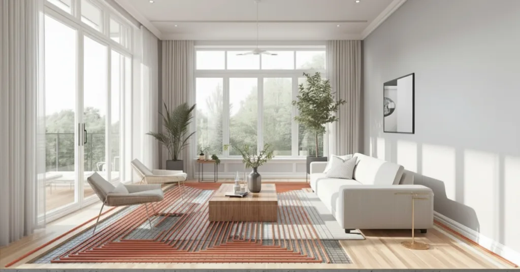 Sala moderna com amplas janelas e piso aquecido sustentável, destacando conforto térmico e design minimalista com iluminação natural.