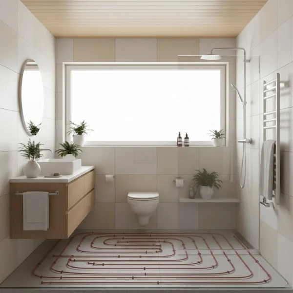 Banheiro com piso aquecido sustentável, mostrando o sistema de aquecimento instalado sob o revestimento, com decoração moderna e iluminação natural.