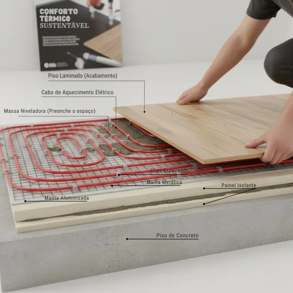 Camadas do piso aquecido elétrico sendo instaladas, mostrando o cabo de aquecimento, manta aluminizada, painel isolante e acabamento em piso laminado sustentável.