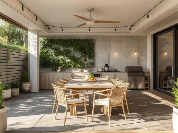 Ventilador de teto instalado em área gourmet externa, com mesa de jantar e churrasqueira, destacando ambiente arejado e sustentável.