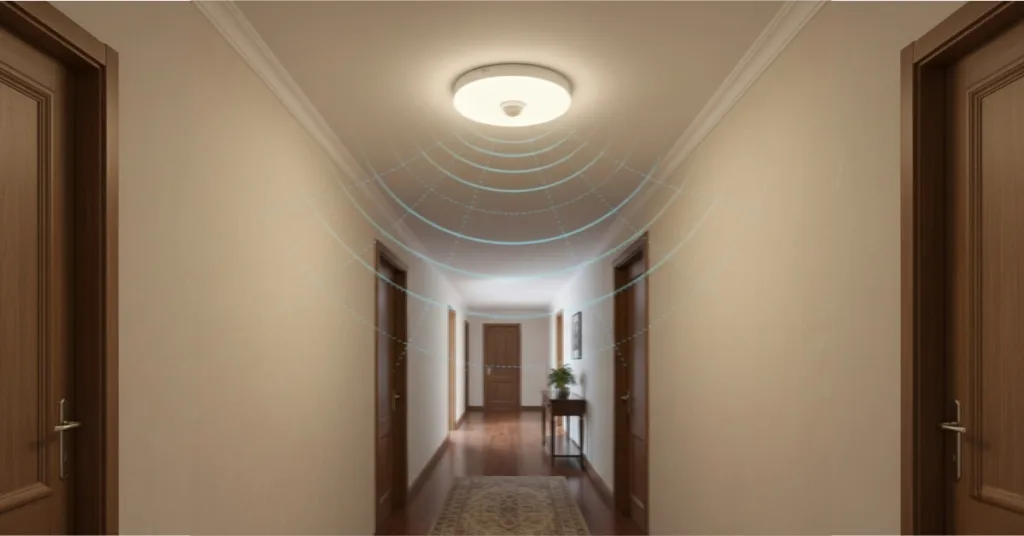 Corredor interno bem iluminado com luminária de teto equipada com sensor de presença, mostrando como a lâmpada com sensor de movimento acende automaticamente.
