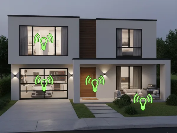 Casa moderna iluminada à noite com lâmpadas LED inteligentes com sensor de movimento instaladas na garagem, entrada principal e área externa, mostrando como funciona o sistema automático de iluminação residencial.