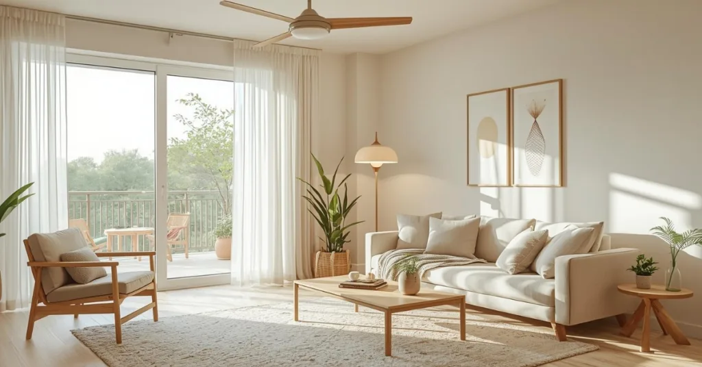 Ventilador de teto elegante instalado em sala de estar moderna e iluminada, com decoração clean e móveis sofisticados.