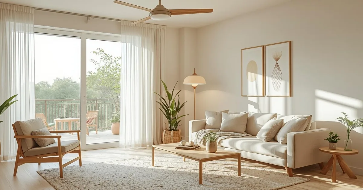 Ventilador de teto elegante instalado em sala de estar moderna e iluminada, com decoração clean e móveis sofisticados.