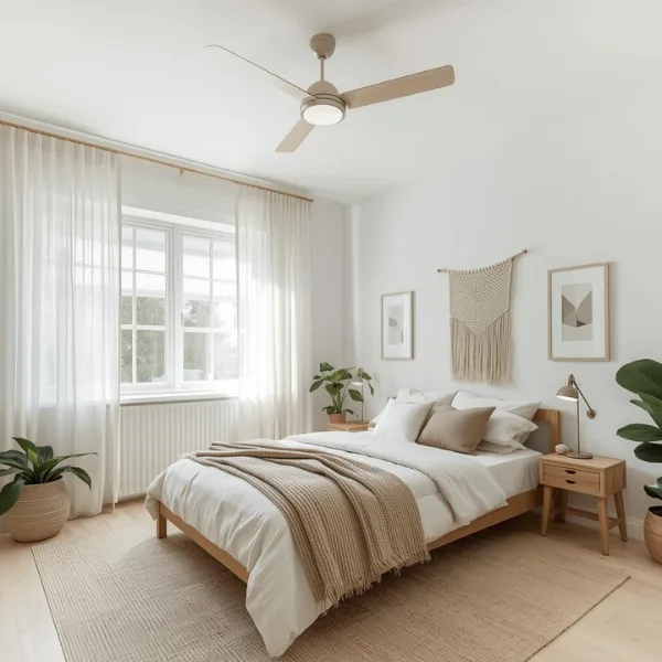 Ventilador de teto bonito para quarto, instalado em ambiente moderno e aconchegante, com cama, decoração minimalista e iluminação natural.