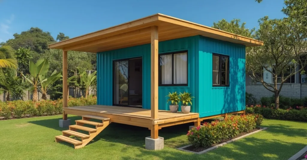 Casa container com telhado de madeira, varanda elevada e jardim tropical, mostrando como um telhado para casa container garante conforto e proteção.