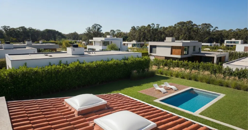 Casa com claraboia de telhado tipo domus acrílico, destacando área externa com piscina e jardim.