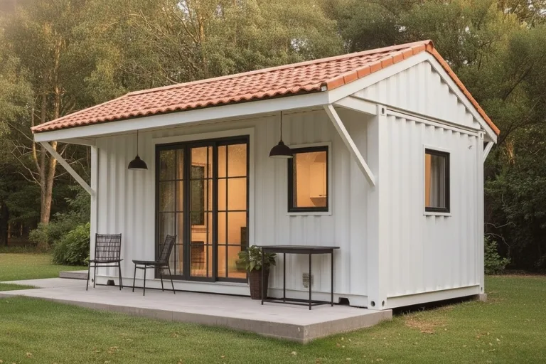 Casa container com telhado colonial em duas águas e telhas vermelhas, fachada branca com esquadrias pretas, porta de vidro, pátio com mesa e cadeiras em meio ao verde.