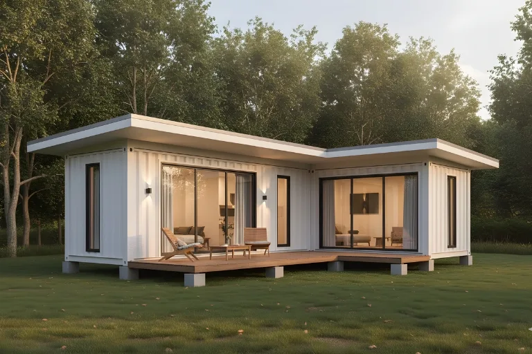 Casa container com telhado embutido e layout em L, fachada branca com portas de vidro e deck de madeira com poltronas, integrada ao verde.