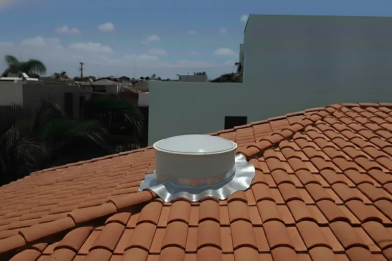 Claraboia Domus redonda instalada em telhado de telhas cerâmicas, proporcionando iluminação natural.