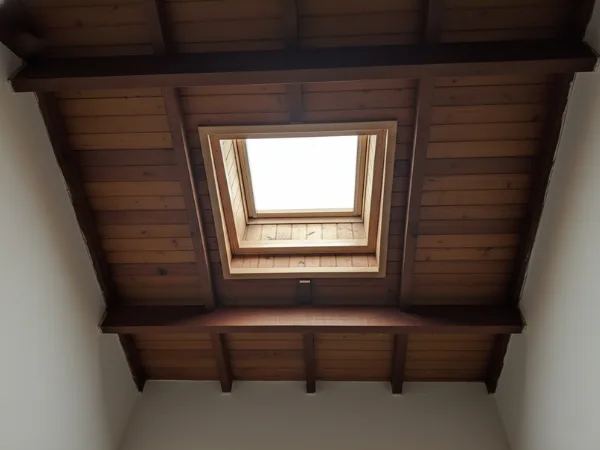 Forro de madeira com claraboia tipo domo central, destacando iluminação zenital natural em ambiente interno