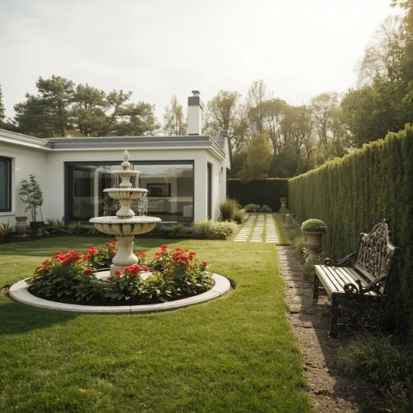 Fonte de jardim grande decorativa com três níveis, cercada por flores vermelhas, em um jardim paisagístico ao lado de uma casa moderna com gramado bem cuidado e caminho pavimentado.