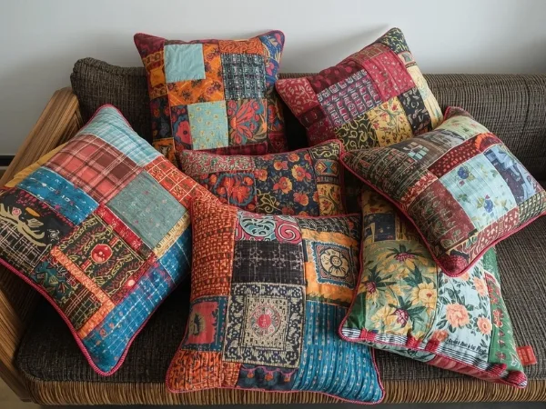 Almofadas de retalhos patchwork coloridas sobre sofá de vime, usadas como objetos de decoração com materiais reciclados em sala sustentável.