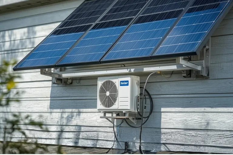 Ar condicionado solar para casa com painel solar instalado na parede externa, mostrando estação de energia solar para climatização residencial.