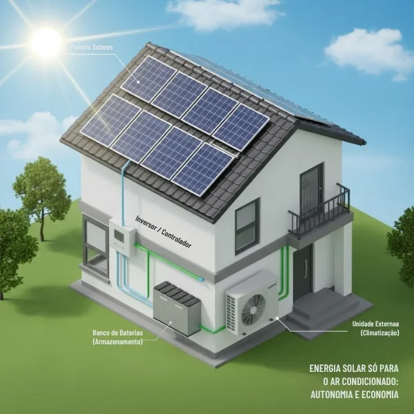 Ilustração de sistema off grid de energia solar com bateria para ar condicionado residencial, mostrando painéis solares, controlador, banco de baterias e unidade externa.