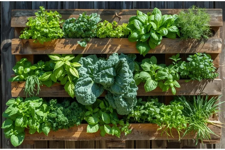 Horta suspensa de madeira feita com pallet, cultivando alface e outras hortaliças em casa de forma barata e sustentável.