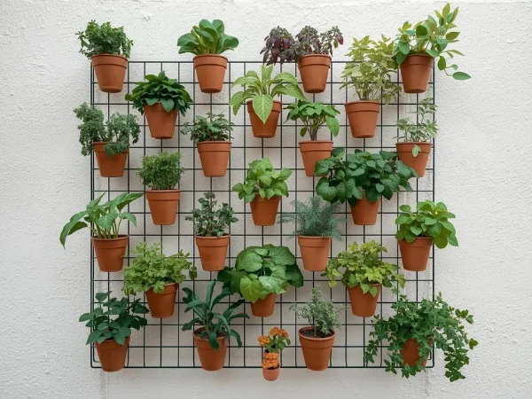 Estrutura de horta suspensa de ferro com vasos organizados em área externa, mostrando ideias de horta suspensa bonita e funcional.