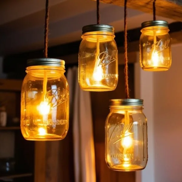 Luminária artesanal feita com vidros de conserva reutilizados, pendentes com lâmpadas, exemplo de ideias de decoração com reciclagem.