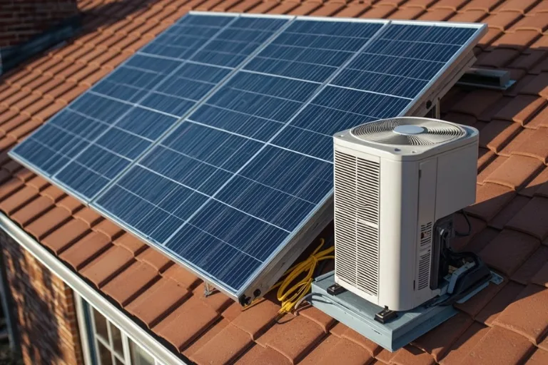 Instalação residencial de ar condicionado com placa de energia solar, mostrando painéis solares e unidade externa conectada.