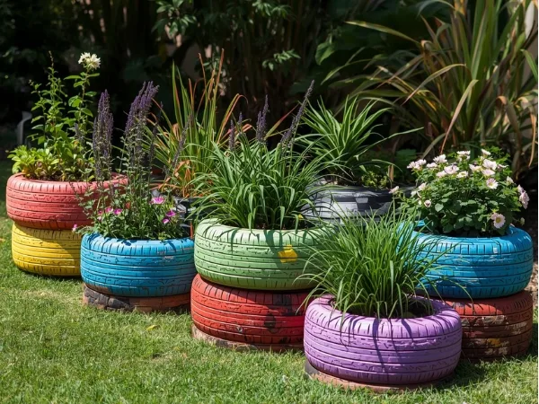 Vasos de pneus velhos coloridos com plantas e flores em jardim, exemplo de decoração sustentável com reciclagem.
