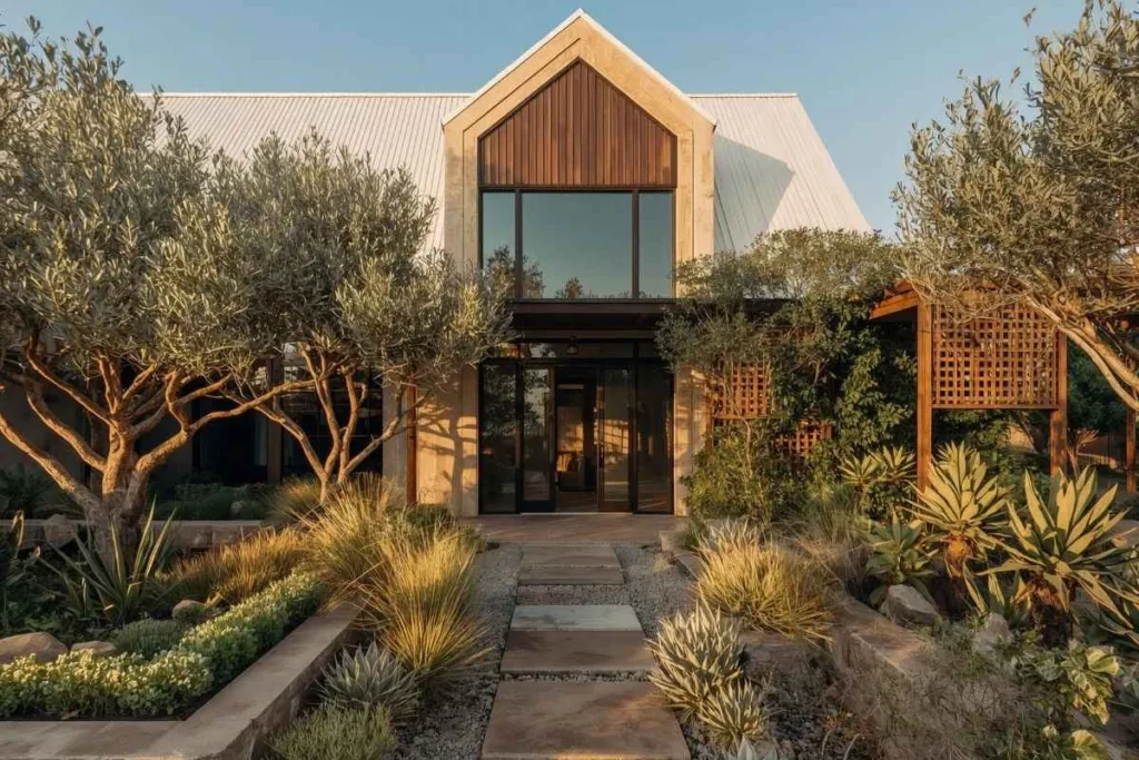 Casa com telhado branco e vegetação em volta