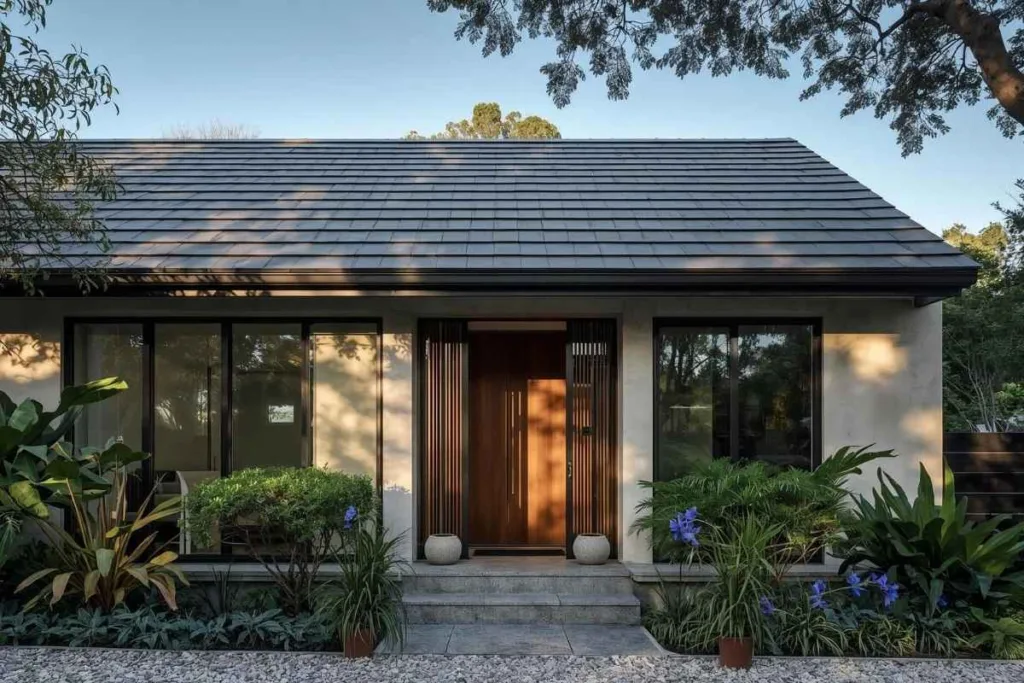 Casa contemporânea com árvores e muitas plantas.