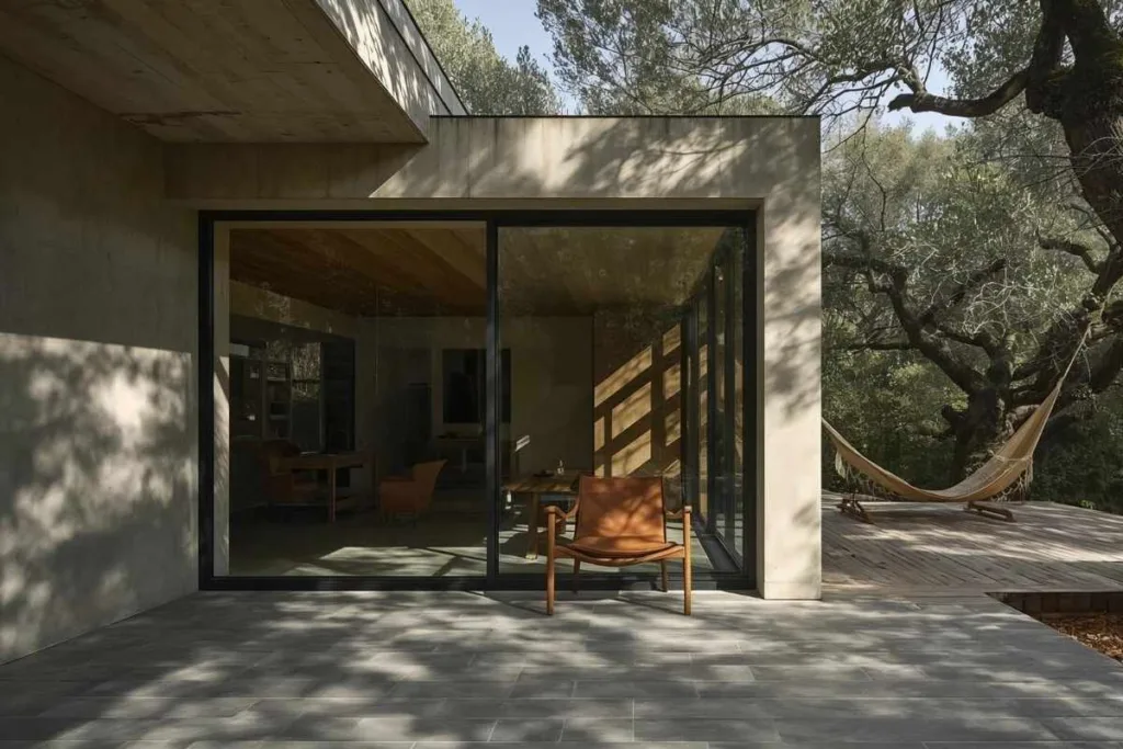 Casa moderna de concreto aparente com design bioclimático.