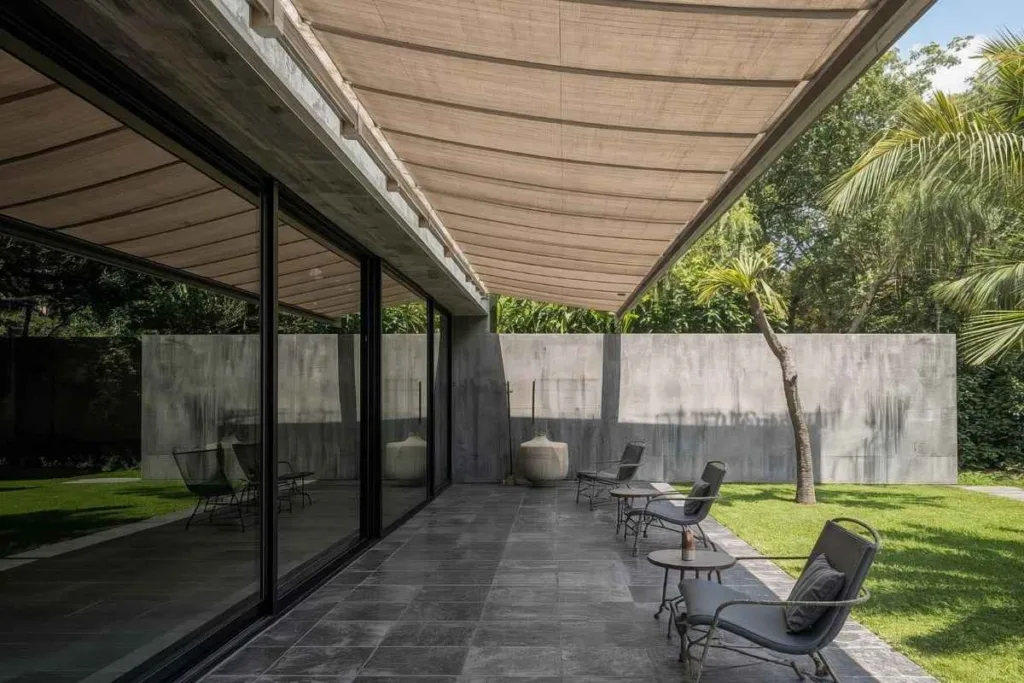Casa com área envidraçada com toldo protegendo do sol