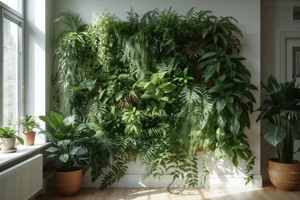 Jardim vertical interno em apartamento com plantas naturais iluminadas por luz solar em ambiente residencial.