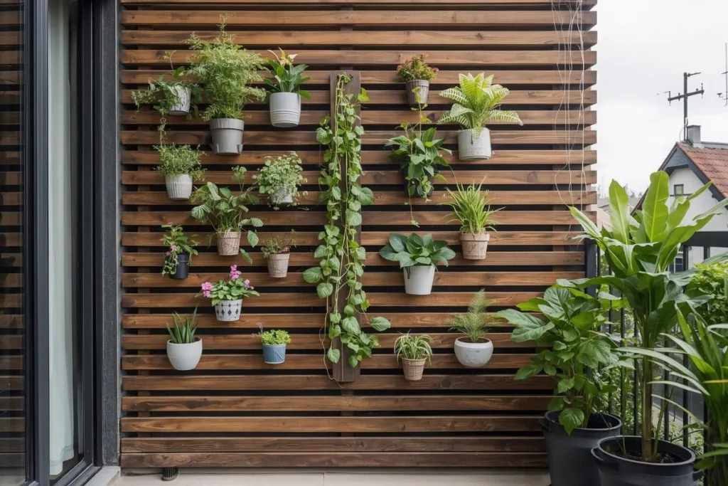 Painel de jardim vertical com madeira ripada e vasos de plantas em varanda de apartamento