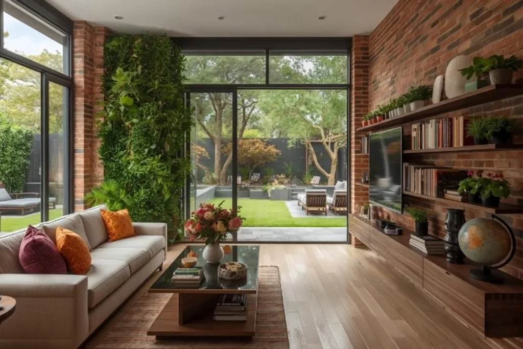Jardim vertical para sala de estar com parede verde integrada ao ambiente moderno e aconchegante
